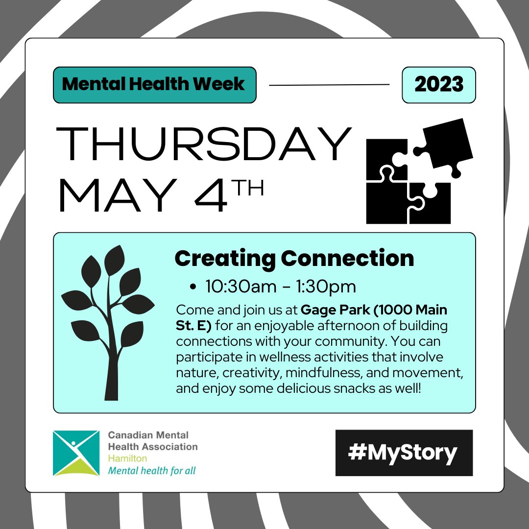 This year, one of our goals for Mental Health Week was to increase community connection! CMHA Hamilton is so excited to announce; Creating Connection - Thursday, May 4th Gage Park in Hamilton, ON! Bring your friends, co-workers, clients and loved ones!!! #MyStory #MHW2023
