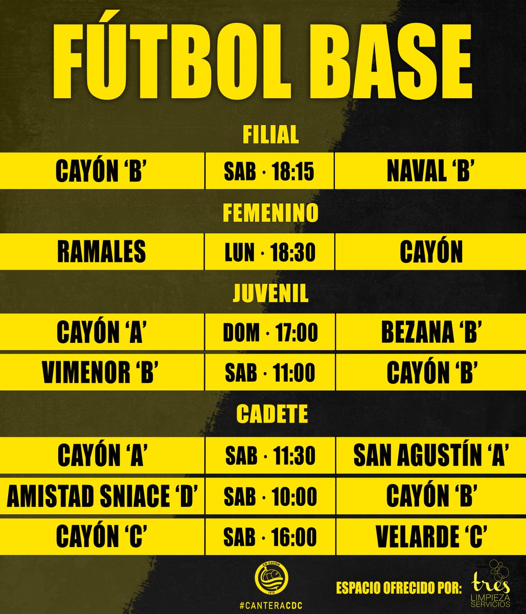 CDCayon's tweet photo. ▶️ El Filial peleará por ascender matemáticamente ante el Naval 'B', mientras que el Femenino disputará su duelo liguero el lunes en Ramales de la Victoria
🗓️ Consulta el resto de horarios del fin de semana
#CanteraCDC https://t.co/eMJHr9yLU7