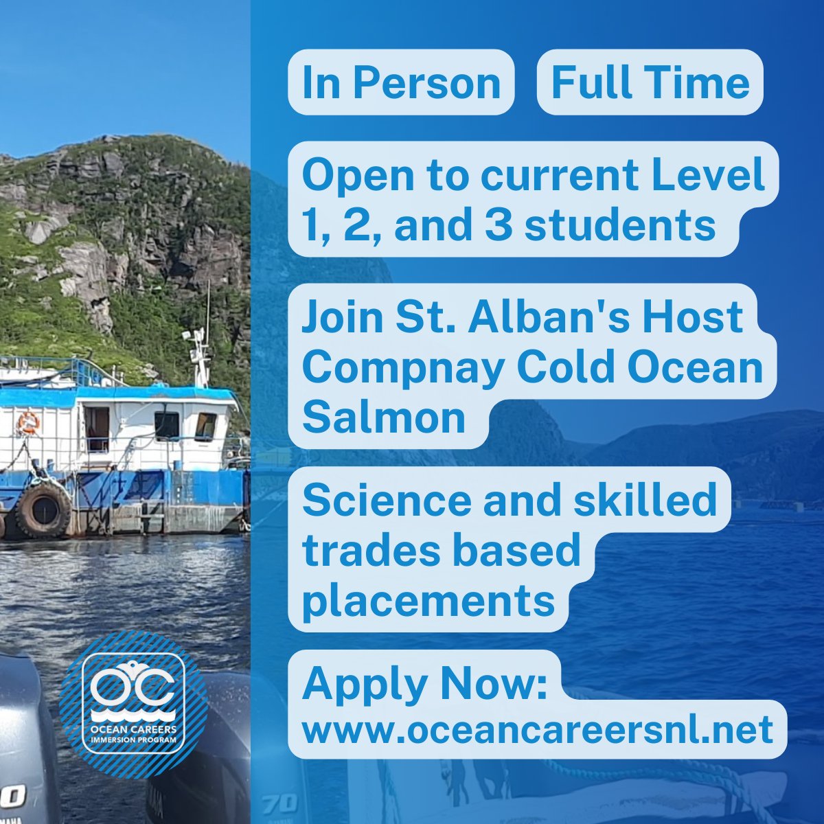 Bay d'Espoir Academy students interested in Marine Biology, Sustainable Aquaculture, or Skilled Trades apply for our PAID summer internships.  

July 10 - August 18.  

Find out more:
oceancareersnl.net

Apply now:
forms.gle/BRAZWtb24ACt3V…

#baydespoir  @naia_nl