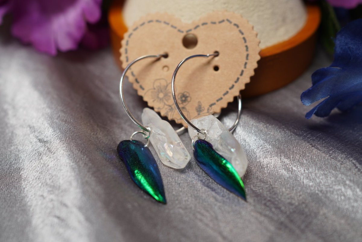 Each earring is handcrafted with humanely sourced beetles and aura quartz, making them both ethically and spiritually conscious. Add some edge and mystical energy to your style with these unique earrings 🪲✨ buff.ly/43ihjBm #beetlejewelry #auraquartz #ethicalfashion