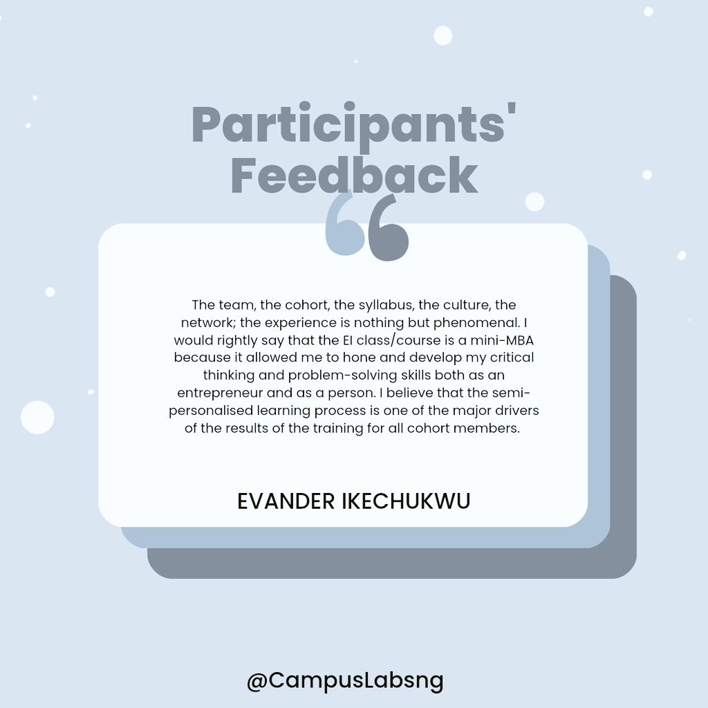 CampusLabsNg's tweet photo. Exciting news! We've received some amazing feedback from participants of our employability incubator. It's heartwarming to see how the program has positively impacted their careers.
#EmployabilityIncubator
#CampusLabs
#234project https://t.co/81hBkShPMg