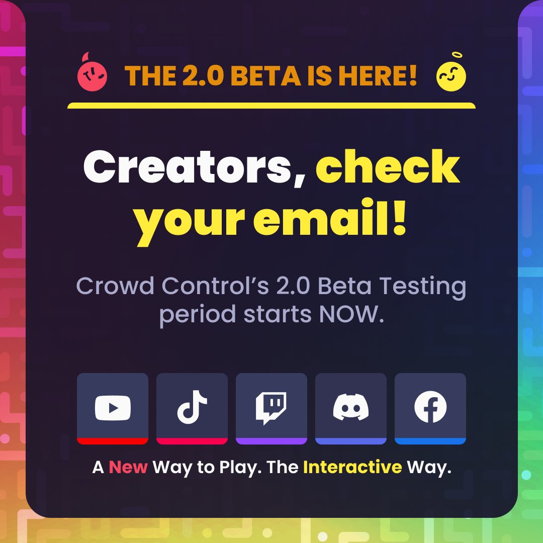 CrowdControl's tweet photo. CHECK YOUR EMAILS, STREAMERS! 📩

You might have just scored an invite to our exclusive Crowd Control 2.0 Closed Beta starting NOW! 🐸

📣 YOU CAN NOW DOWNLOAD THE APP THROUGH THE EMAIL AND YOU MUST JOIN OUR DISCORD THROUGH THE INVITE ON THE EMAIL FOR SUPPORT! 🥳 https://t.co/YMO9VrwdBO