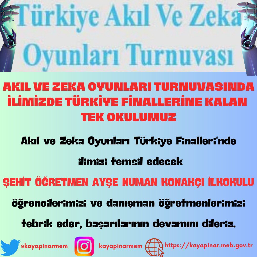 Akıl ve Zeka oyunları turnuvasında ilimizde Türkiye finallerine kalan tek okulumuz…📣 👏 👏 👏  <a href="/Tumakiloyunlari/">Akıl ve Zeka Oyunları Federasyonu</a> <a href="/krmnarf/">Arif Karaman</a> <a href="/Murat4Kucukali/">Murat Küçükali</a> <a href="/Kayahansubasi/">Kayahan Subaşı</a>