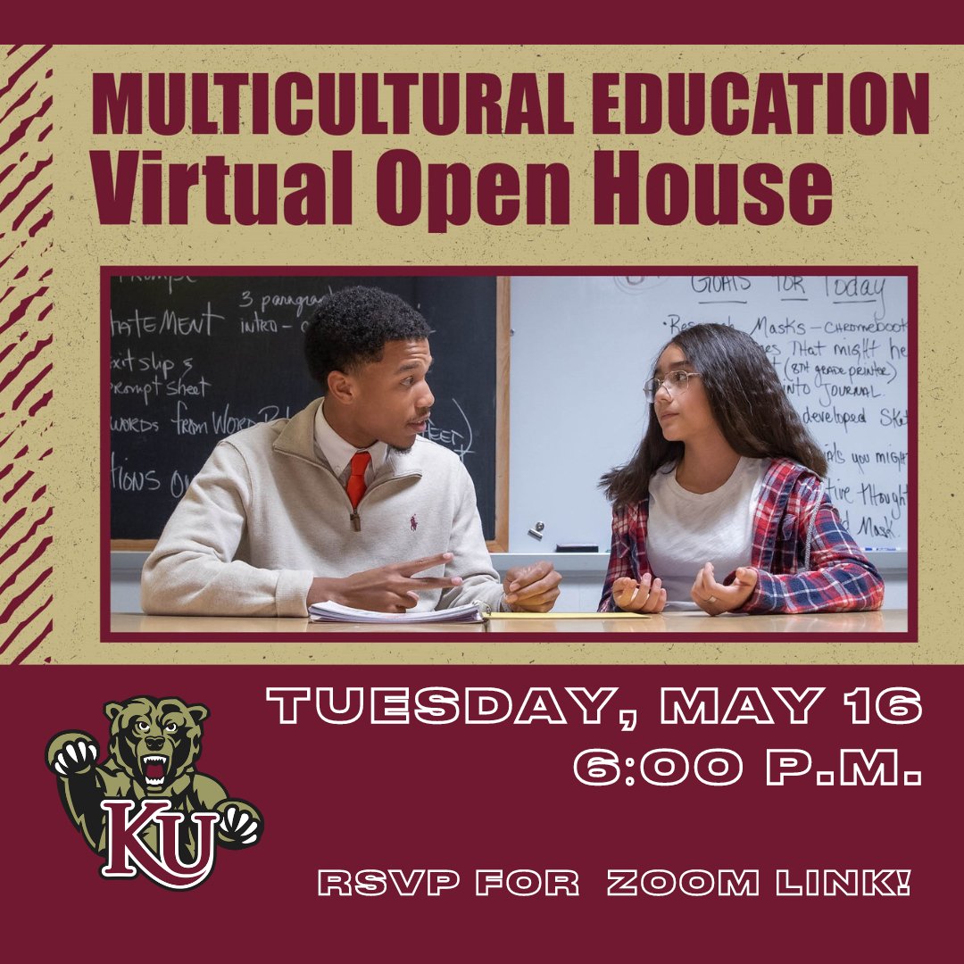 KUGradAdmission's tweet photo. The M.Ed. in Multicultural Education prepares and equips classroom educators. Join us Tuesday, May 16 at 6pm to learn how you can enroll in this 100% online degree by this fall.

RSVP to receive the Zoom link: https://t.co/EukYgktOqg

#MulticulturalEducation #Teaching #ESL https://t.co/973DVtI26c