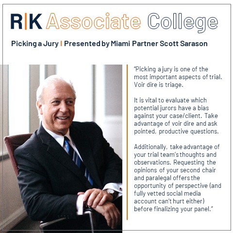 Our monthly Associate College program is just one way we develop commanding litigators. Miami Administrative Partner Scott Sarason recently shared strategies for picking a jury. Learn more: bit.ly/3oFoeo9 #RumbergerKirk #AssociateCollege #RKAssociateCollege #Mentoring