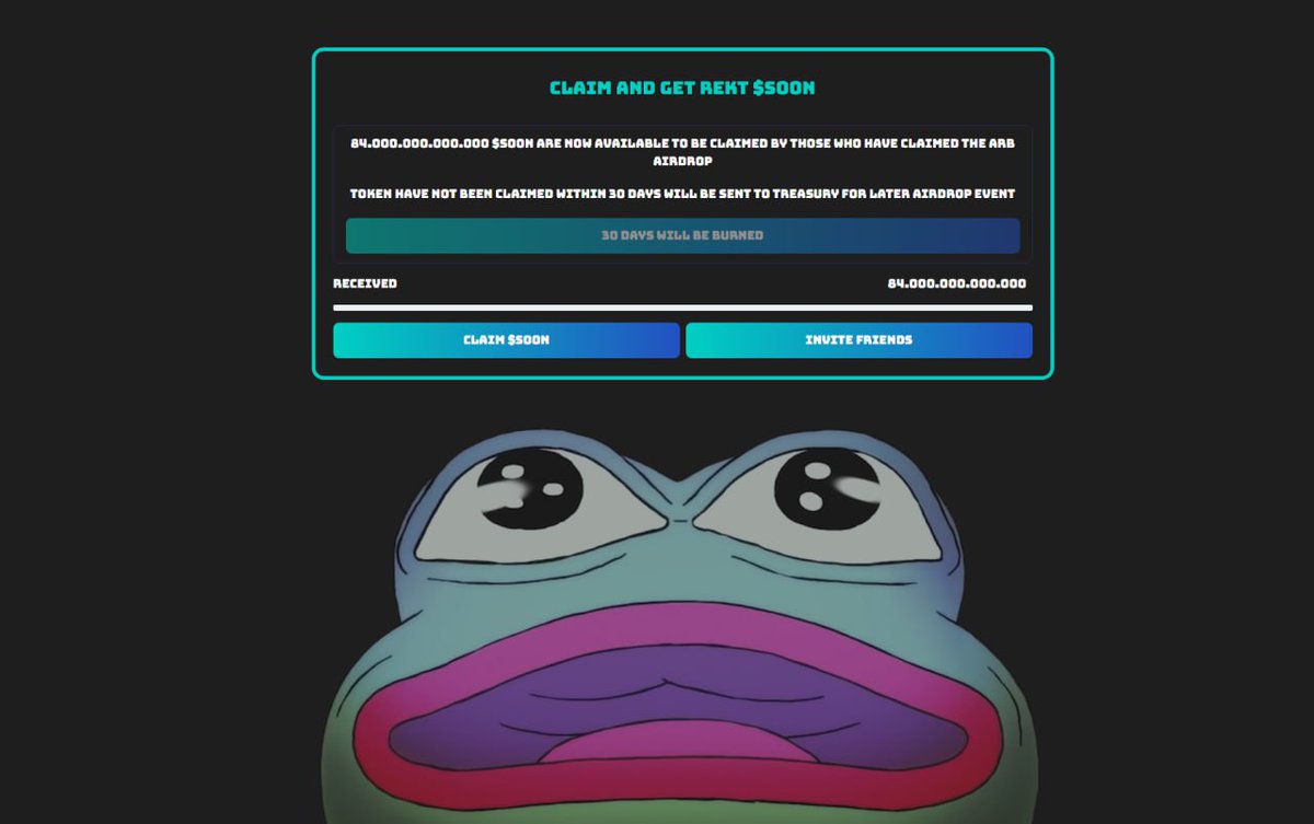 RektSoonARB's tweet photo. CLAIM YOUR AIRDROP !!! 

You can claim your REKTSOON now on our website: 
https://t.co/NqCGz7Riwj

Total amount: 20%
Hold it, shill it, $SOON will MOON !!! https://t.co/3BKGp26kxO