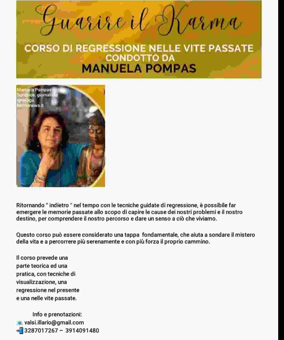 Seminario:"GUARIRE IL KARMA"20/21 Maggio Quartu(CA) Condotto da MANUELA POMPAS Organizzato dalle JANAS DISCIPLINE OLISTICHE (Valeria e Simona)