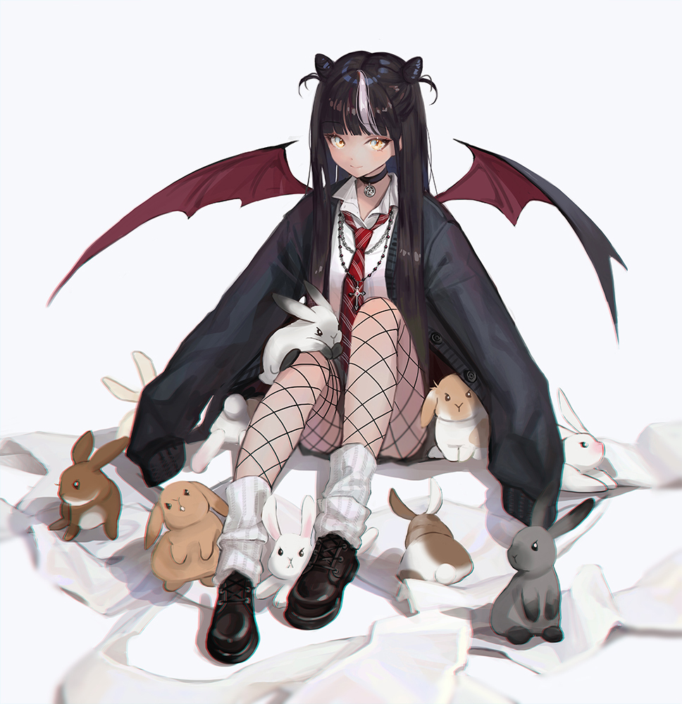 demon anime girl with black hair and red eyes and wings