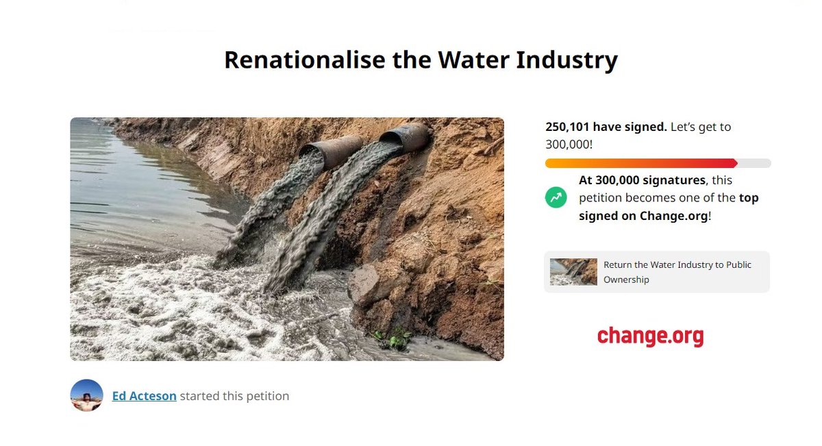 Yesterday our petition to return the water industry to public ownership had just over 200k signatures. Now it has a quarter of a million.

Shout out to <a href="/theresecoffey/">Thérèse Coffey</a> and the <a href="/Conservatives/">Conservatives</a> for making our job so easy 👍

If you'd like to sign ➡️ change.org/nationalise-wa…