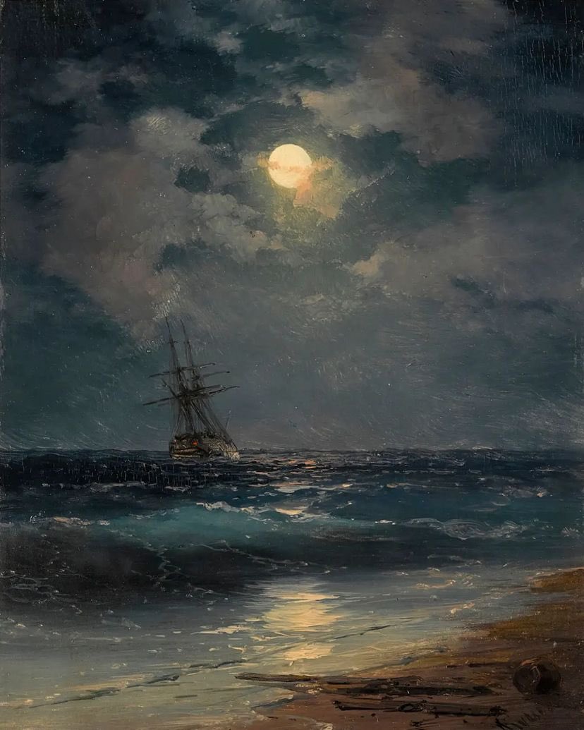 AcademiaAesthe1's tweet image. Ship by Moonlight. By Ivan Konstantinovich Aivazovsky (Russian, 1817-1900). Oil on canvas