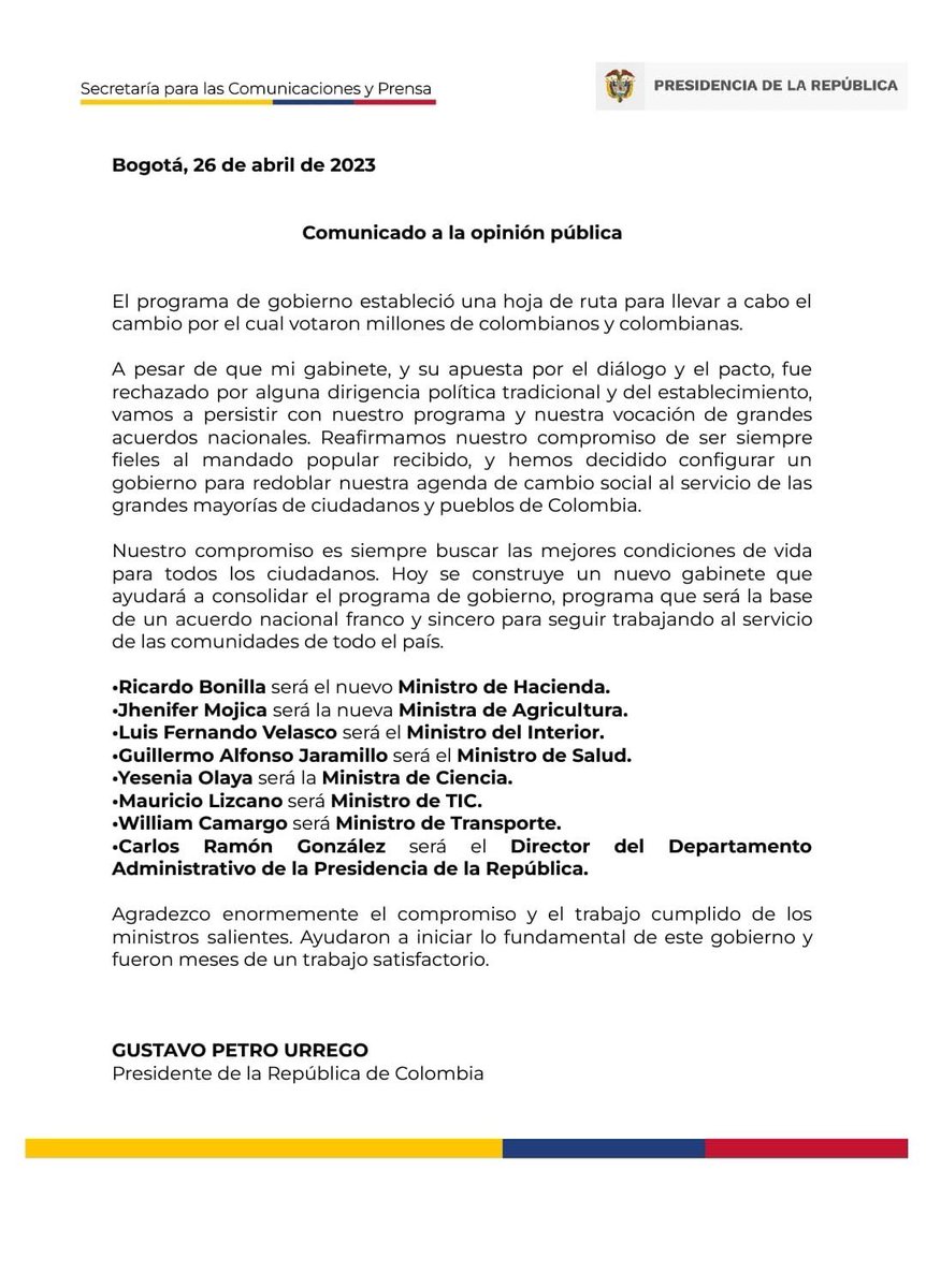 AlertaMundoNews's tweet photo. 🇨🇴 | ÚLTIMA HORA: El presidente colombiano, Gustavo Petro, anunció cambio de siete ministros de su gabinete. https://t.co/LaY4KKOc56
