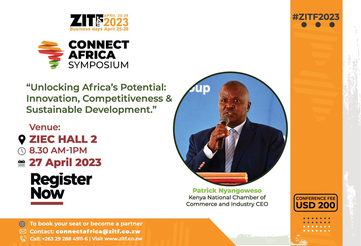 Connect Africa symposium 2023
What to expect:
•The value of innovation and technology in the context of global competitiveness.

Email connectafrica@zitf.co.zw to book your seat &amp; connect with businesses across Africa &amp; grow your brand globally.
#ZITF2023
#ZITF