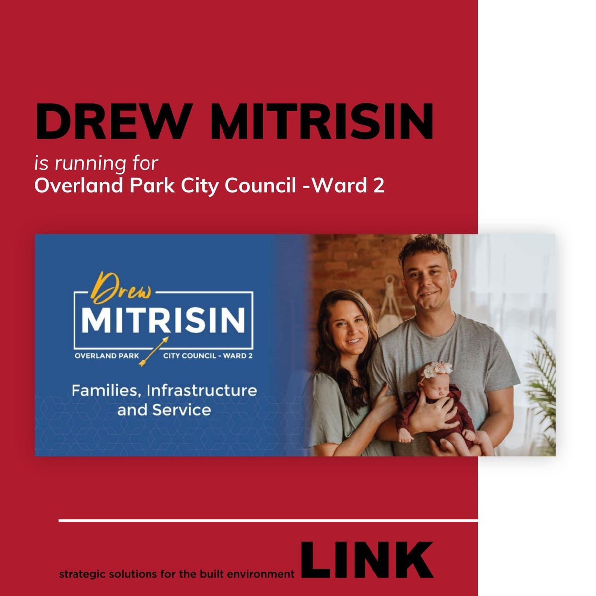 link2built's tweet photo. LINK is pleased to attend the kickoff event of @DrewMitrisin's campaign tonight. One of his key platforms is infrastructure.

Drew is running for @opcares City Council for Ward 2.

To learn more about his campaign, visit: https://t.co/JUEG3CcQPs

#OverlandPark #DrewMitrisin https://t.co/ZftSH2ZWto