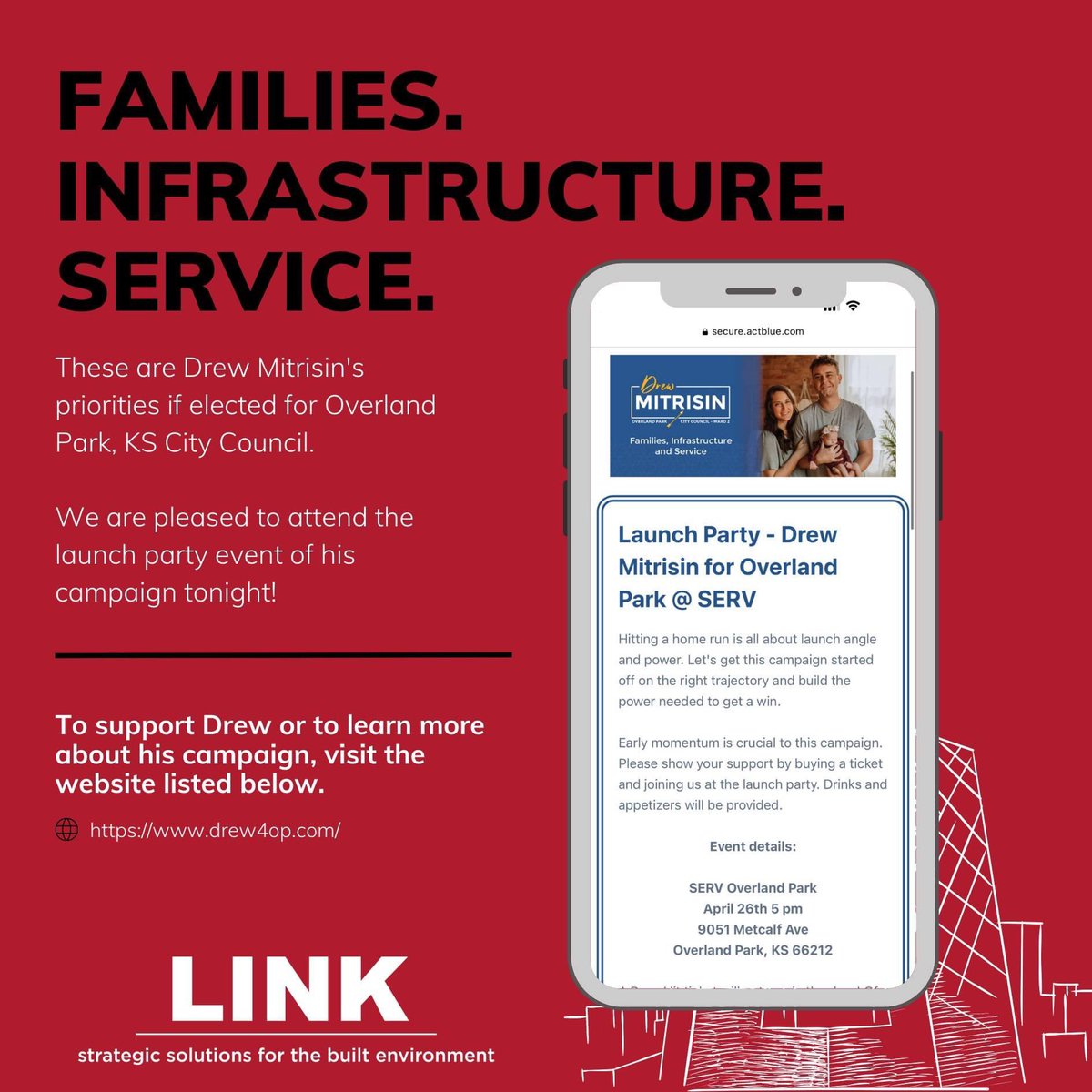 link2built's tweet photo. LINK is pleased to attend the kickoff event of @DrewMitrisin's campaign tonight. One of his key platforms is infrastructure.

Drew is running for @opcares City Council for Ward 2.

To learn more about his campaign, visit: https://t.co/JUEG3CcQPs

#OverlandPark #DrewMitrisin https://t.co/ZftSH2ZWto