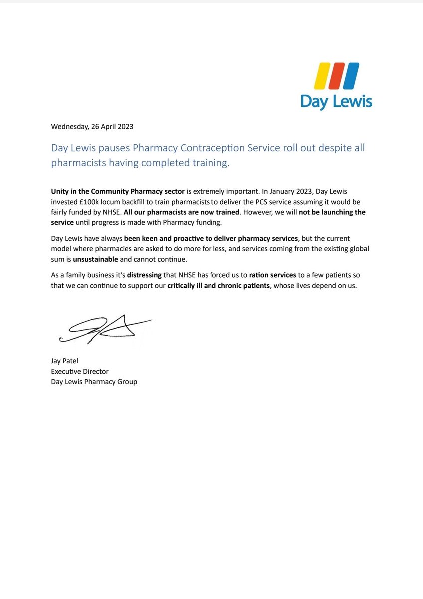 Brilliant step by @DayLewisGroup. Unity in pharmacy is growing. Time for all multiples to do the same. Every independent contractor I've spoke to won't be offering the service unless core funding is fixed. #SaveOurPharmacies #pharmacyincrisis