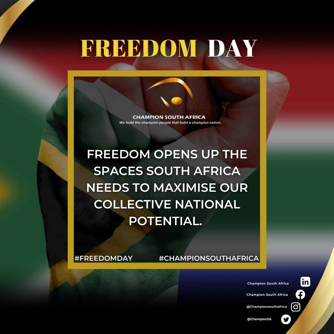 Freedom opens up the spaces South Africa needs to maximize our collective national potential. Happy Freedom Day! #ChampionSouthAfrica #FreedomDay #FreedomDay2023 #NationalPurpose