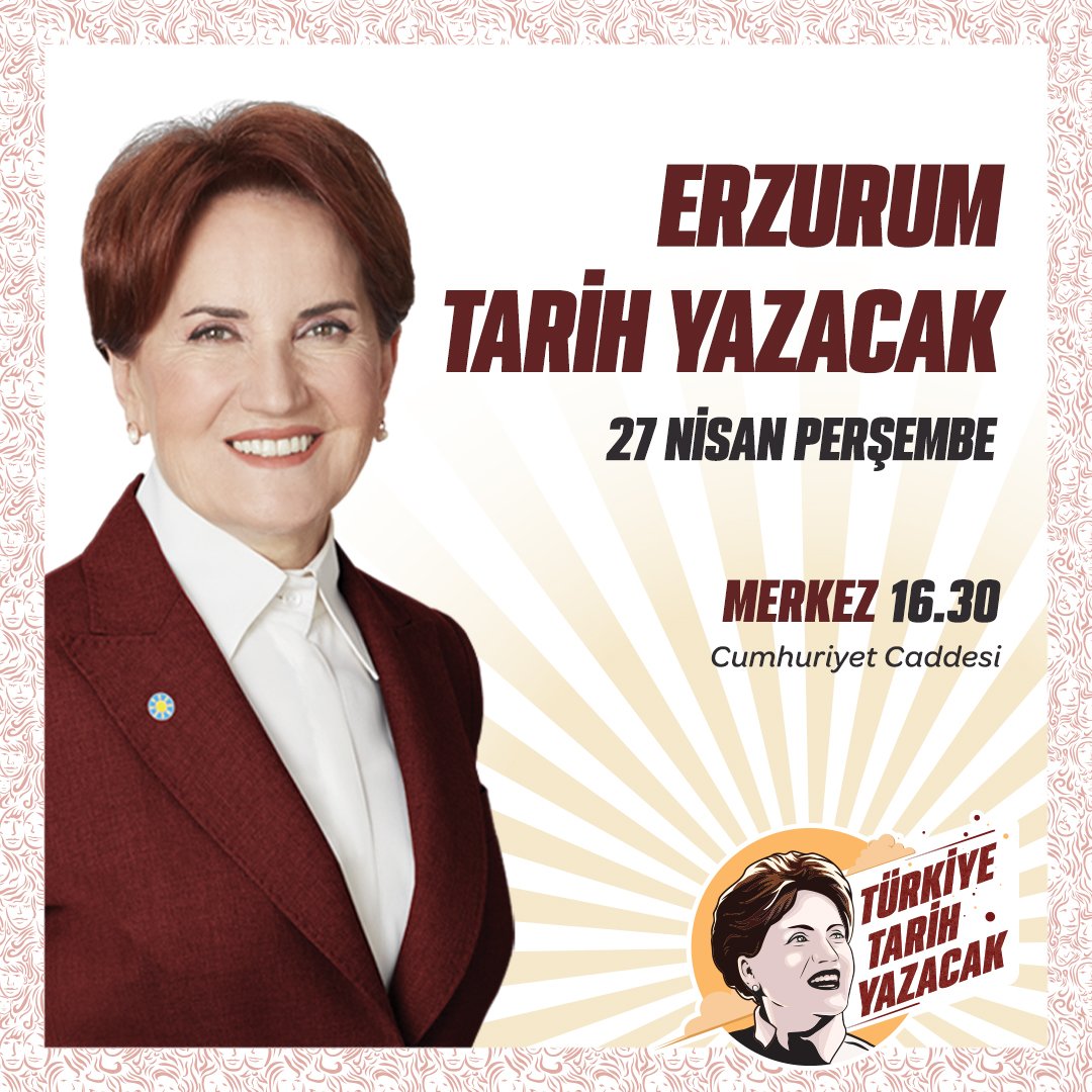 meral_aksener's tweet photo. 📍27 Nisan Perşembe günü (yarın) 
🕛12:00'de Ankara Mamak’ta, 
🕟16:30’da Erzurum Cumhuriyet Caddesi’ndeyiz...

Hiç kimsenin endişesi olmasın;
14 Mayıs'ta #TürkiyeTarihYazacak! https://t.co/acCZURm1WN