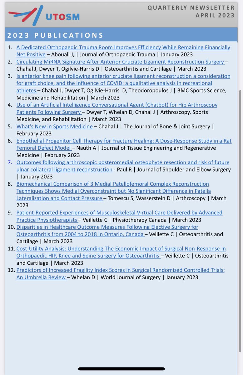 Take a look at #UTOSM’s April 2023 newsletter for more information on research funding opportunities, updates from the group, and our latest publications! 

#SportsMedicine #Research #Orthopaedics #OrthoTwitter @jaschahal @dbwhelan @Toronto_Ortho @TO_sportsdoc