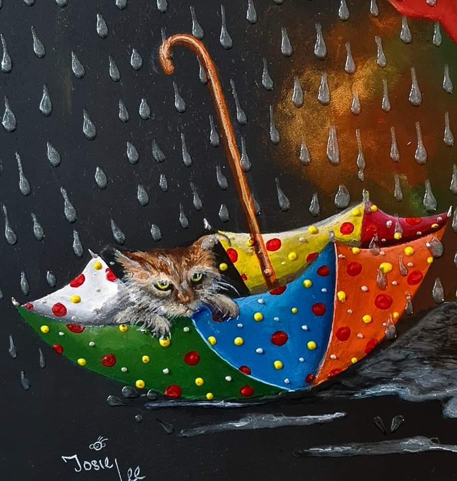 "What Rainy Day Blues?!"
24"x 24"
Acrylic and mixed media on board.

Had a day in the garden last month, where I got wet enough to stop caring. The next door's cat strutted by with a furiously bedraggled face - the image obviously stuck
