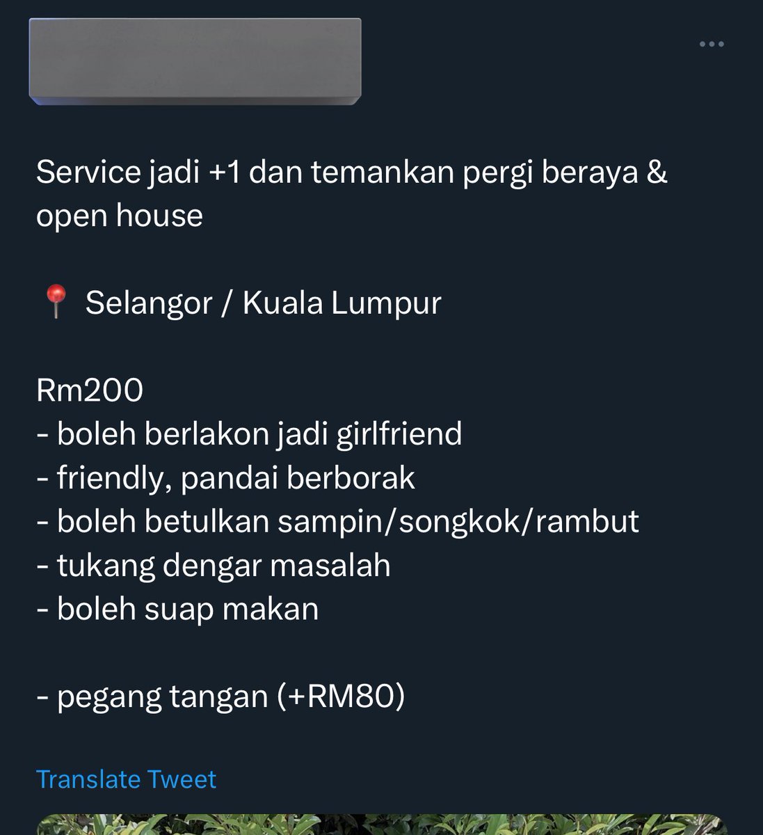 AmirulRuslam's tweet photo. Ntah lah, bagi aku trend/gurauan “sewa diri jd + 1” adlh trend yg merosakkn sifat malu seseorang muslim itu.

Dgn “add on” RM10, 70, 80, dpt dah pgg tgn.

Begitu murahnya maruah &amp; kehormatan diri kita.

No wonder hilang dara/teruna krn berzina makin dianggap suatu kebanggaan. 👌🏻 https://t.co/tamWQCTQIL