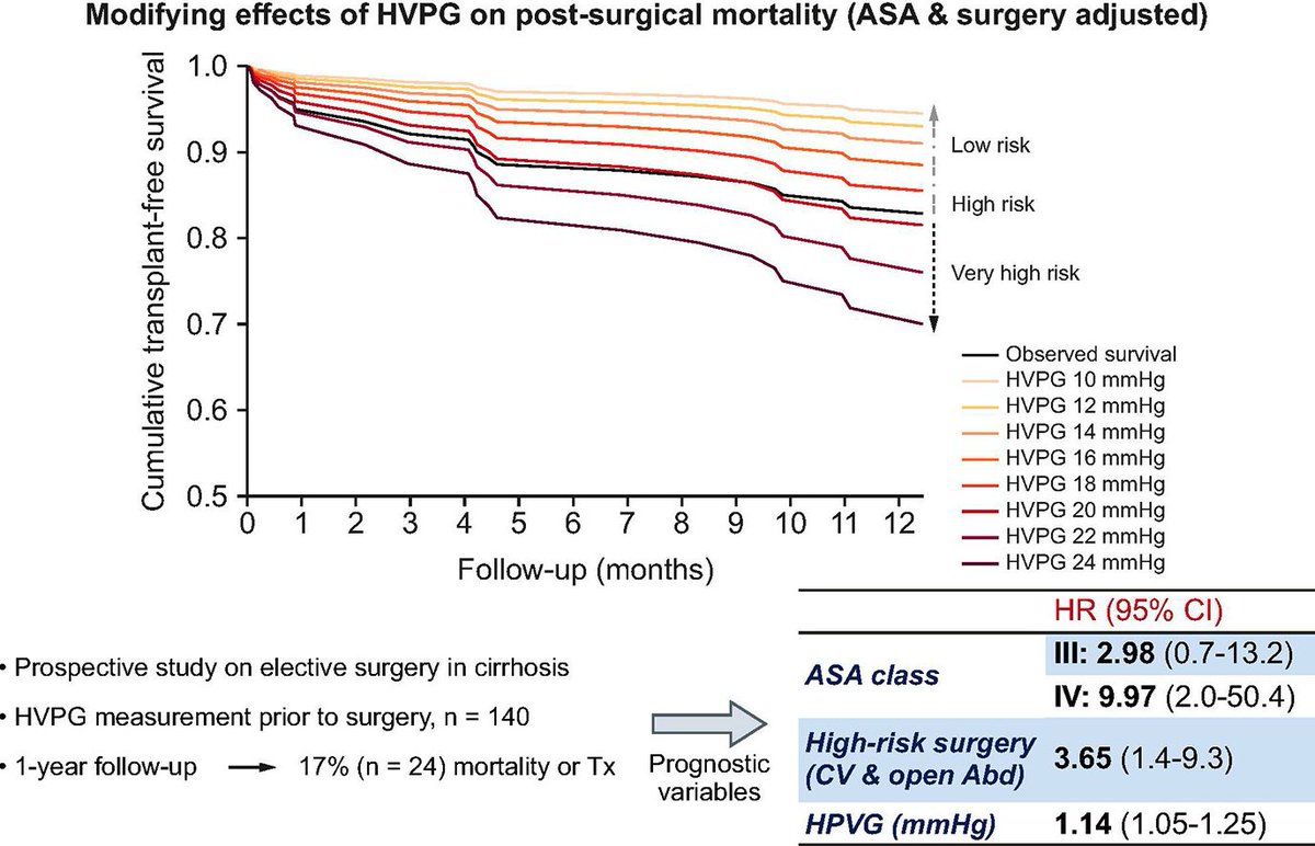 Hepatic venous pressure gradient (HVPG) is the gold-standard for measurement of portal hypertension. This paper in JHEP by Reverter et al's paper assessed prognostic role of HVPG in elective extrahepatic surgery and found ASA, HVPG and high-risk surgery as prognostic factors
