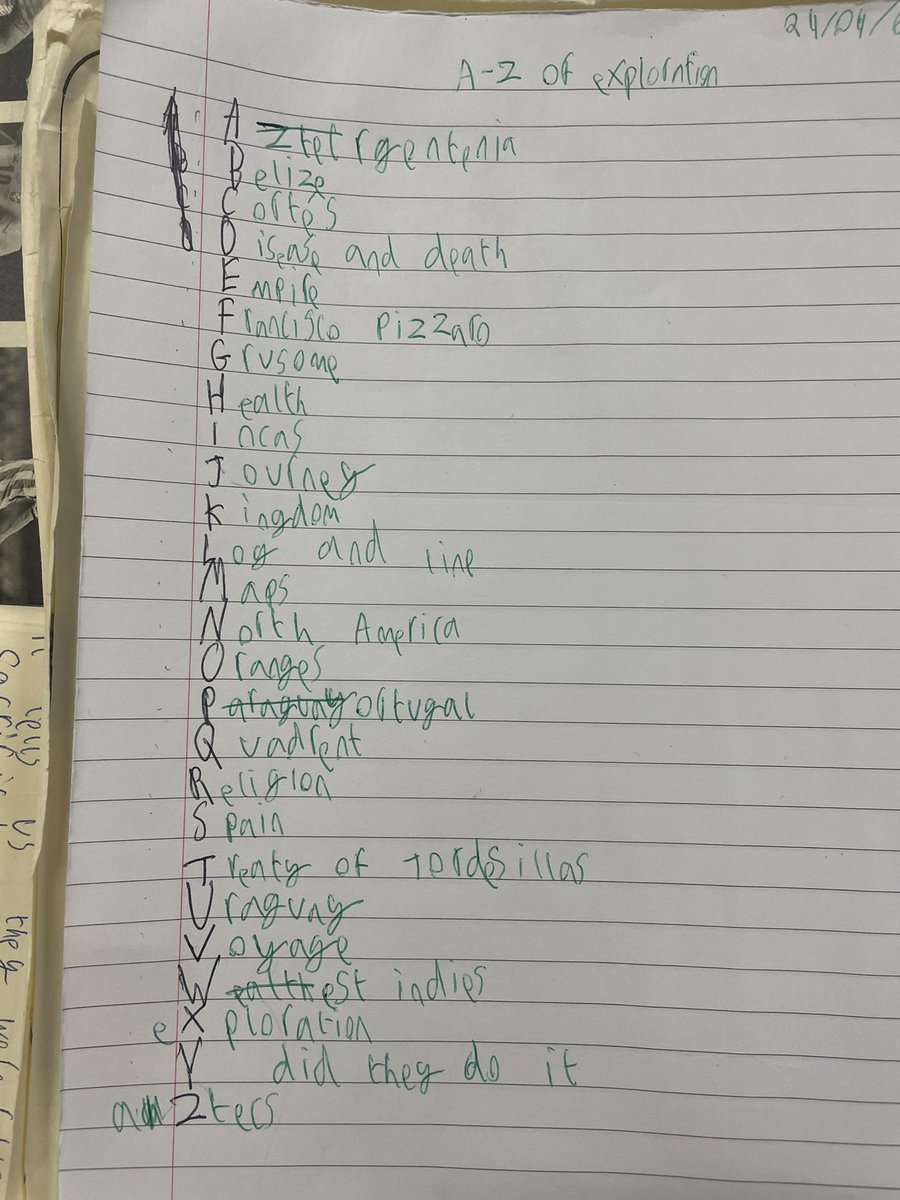 mik1's tweet image. Great retrieval work with 1st yrs on 3.2 impact of conquest and colonisation.. working in teams they did the A-Z of exploration..different word about exploration for each letter.. always helps when there’s a Freddo on offer 🤣#histedchatie #histedchat #JCHist