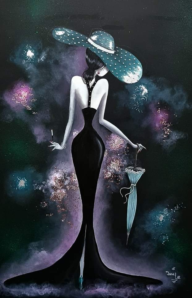 Mistress Collection - "A Certain Poise"
30"x 20"
Acrylic and mixed media on board with resin finish (if you zoom in, you'll spot the silver leaf and sequined glitter, amid other effects)