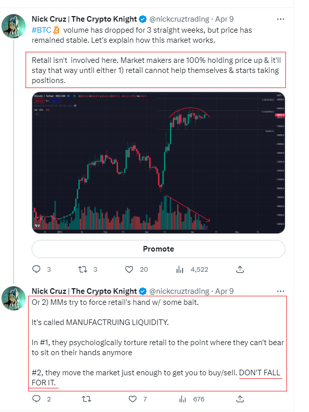 #BTC trap was manufactured liquidity on retail. The bounce off 26.8 I expected, but didn't expect a fast rip to 30K

It's why I said earlier, *if* we got a close > 29.2K today, then the "more downside" idea was probably invalid. Not gonna happen now.

Warning from 2 wks ago: