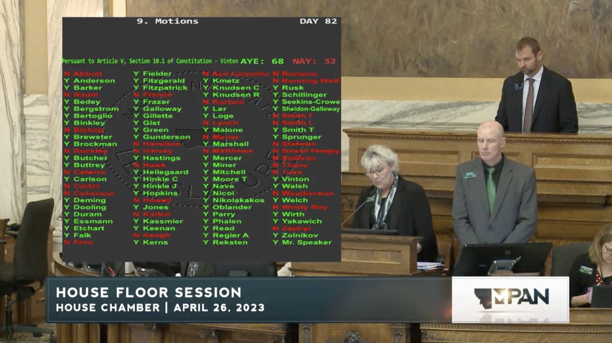 BREAKING: The Montana House, on a 68-32 vote, bans the state's first trans woman lawmaker, Rep. Zooey Zephyr, from the floor, anteroom, &amp; gallery for the rest of this session, following several days of silencing her, after she raised her mic for supporters in the gallery Monday.