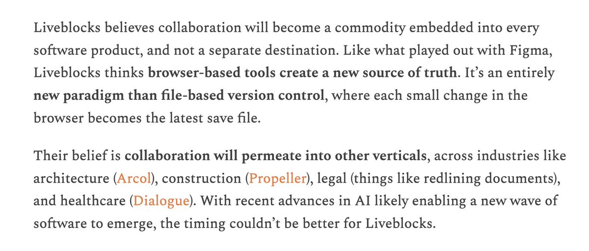 Enjoyed <a href="/TurnerNovak/">Turner Novak 🍌🧢</a>'s most recent post on Liveblocks. So many lessons to learn from Figma and the collaboration it enabled. <a href="/get_cord/">Cord</a> is another interesting startup operating in this space. 

thespl.it/p/liveblocks-b…