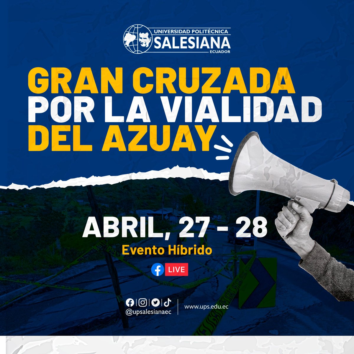 upsalesianaec's tweet photo. ⚠️🛣️ En el marco de la “Gran cruzada por la vialidad del #Azuay” la UPS sede #Cuenca, invita a la comunidad universitaria y público en general a ser parte de los encuentros académicos junto a ponentes invitados que abordaran temas de interés social y colectivo en atención a las dificultades de vialidad que enfrenta la provincia.

🗓️ Fecha: jueves 27 y viernes 28 de abril de 2023
🕗 Hora: 09:00 - 18:00
📍 Lugar: Calle Vieja y Elia Liut

#UPSCuenca #UPSEcuador