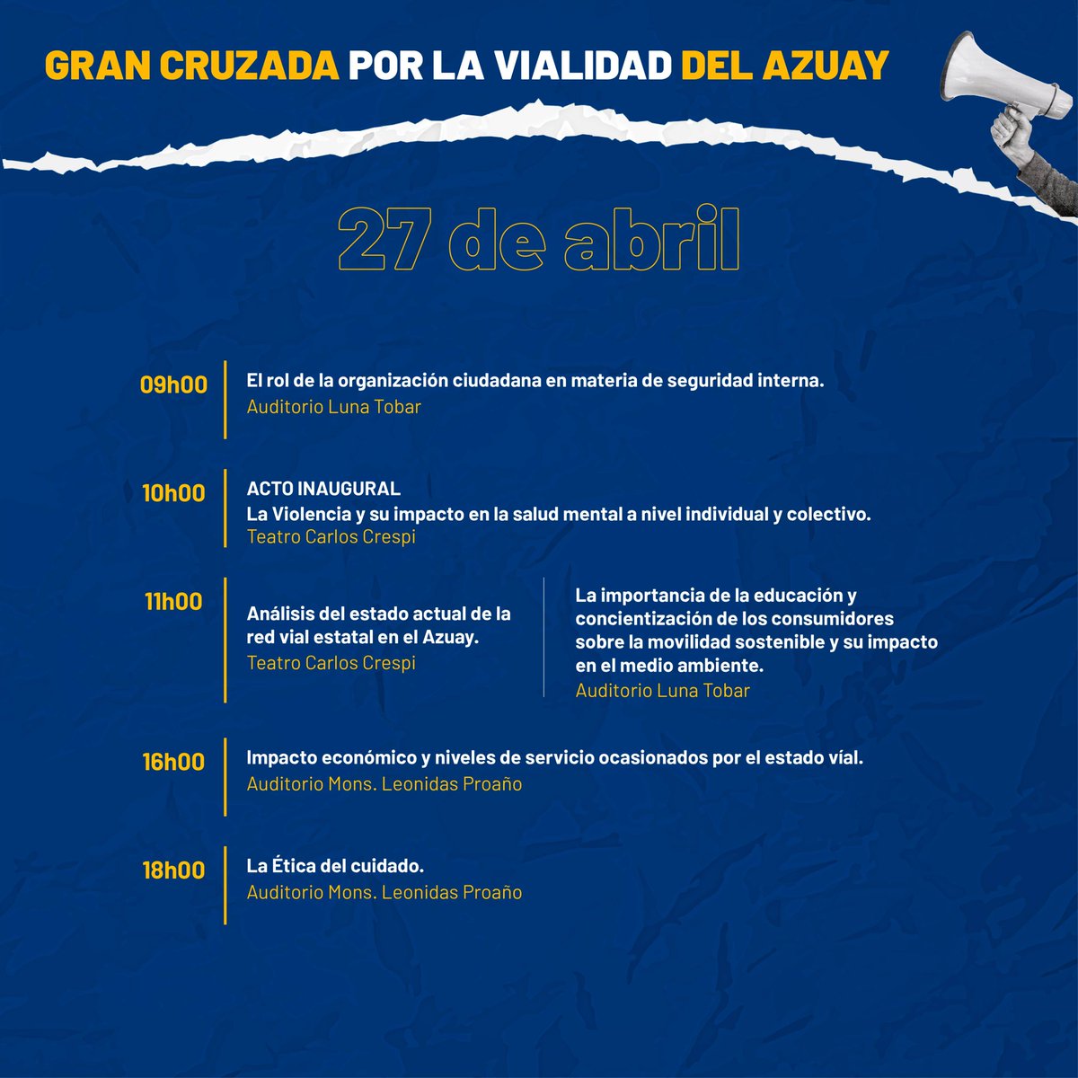upsalesianaec's tweet photo. ⚠️🛣️ En el marco de la “Gran cruzada por la vialidad del #Azuay” la UPS sede #Cuenca, invita a la comunidad universitaria y público en general a ser parte de los encuentros académicos junto a ponentes invitados que abordaran temas de interés social y colectivo en atención a las dificultades de vialidad que enfrenta la provincia.

🗓️ Fecha: jueves 27 y viernes 28 de abril de 2023
🕗 Hora: 09:00 - 18:00
📍 Lugar: Calle Vieja y Elia Liut

#UPSCuenca #UPSEcuador