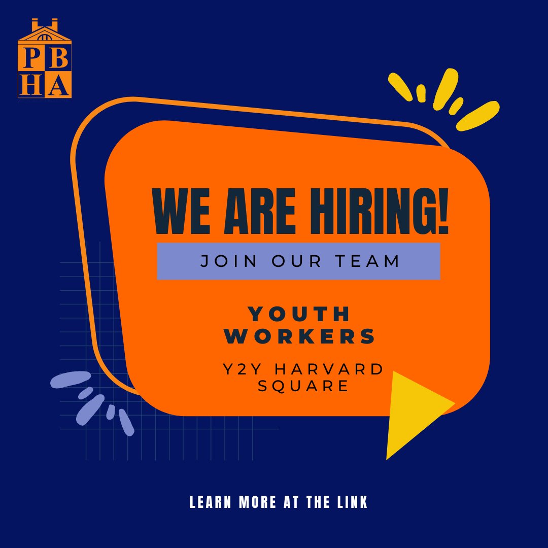 Y2Y Harvard Square is hiring youth workers! See the full job description at the link below. The priority deadline is May 8th and interviews will be conducted May 10th-12th. Resumes, cover letters, & any questions, can be submitted to kit@pbha.org ow.ly/3K0550NV7k7