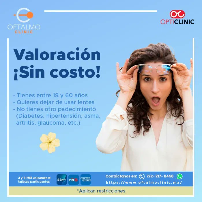 AVisionMetepec's tweet photo. ¡Di adiós a tus lentes esta primavera con la increíble promoción de #Oftalmoclinic! Si tienes entre 18 y 60 años, podrás agendar una valoración TOTALMENTE GRATIS. 🙌

Escríbenos vía WhatsApp al 📱 7222178458 para descubrir si eres candidat@.

#YoSoyOftalmoclinic #YoSoyOpticlinic https://t.co/ZD8dgabOaw