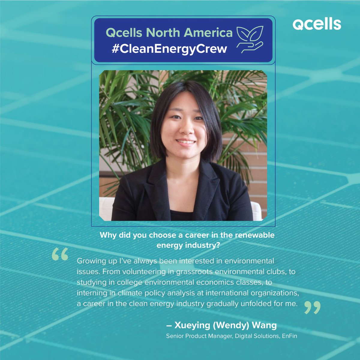 Qcells_NA's tweet photo. For this #CleanEnergyCrew, we're thrilled to introduce Wendy Wang, our Digital Product Manager for our residential solar financing platform.
We're honored to have Wendy as a part of our team. Here's what she has to say about the clean energy transition. https://t.co/Ga36msA7hr