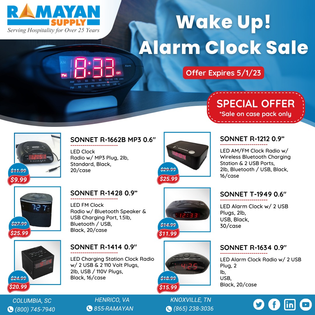 Wake Up! Alarm Clock Sale / Offer Expires on 5/1/23
Shop Now: ramayansupply.com/electronics...…
#alarmclock #hotelmotelsupply #hotelsupplystore #hotelsuppliers #hotelsupplies #wholesalers #wholesaleprice #offers #deals #discounts #ramayansupply