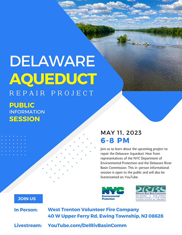 DRBC1961's tweet photo. Please Save the Date! On May 11, 2023, the DRBC &amp; @NYCWater will host a Public Information Meeting on the repair &amp; shutdown of the Delaware Aqueduct, which is planned for this fall. 
Learn more: https://t.co/ZDLr7qv1E6
#DelawareRiver https://t.co/4UdEaU8ckr