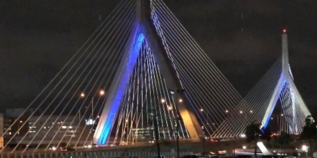 MassDOT's tweet photo. Tonight 4/26 the #ZakimBridge #LongfellowBridge #ForeRiverBridge and #BurnsBridge will light blue and white for Israel Independence Day. https://t.co/g9MMwr8Mgt