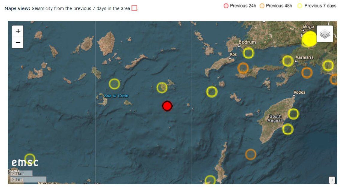 🇬🇷 An #earthquake (#σεισμός) happened in #DodecaneseIslands, #Greece 3mins ago at 8:00PM on 26/04/2023 UTC. The earthquake had a magnitude of M5.5 and it was 100km (62.1 miles) deep in the ground. Stay safe! #sismo #quake

Site Used: cutt.ly/H5m8DW9
Information from EMSC.