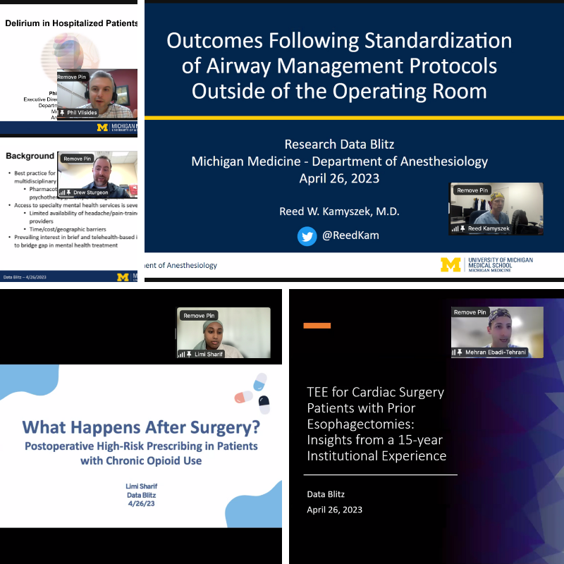 Great turnout for our quarterly research blitz, where investigators give a fast-paced overview (5 mins!) of their work. Topics today spanned our research domains: Phillip Vlisides (Neuro), Reed Kamyszek &amp; Mehran Ebadi-Tehrani (Outcomes), Limi Sharif &amp; Drew Sturgeon (Pain/Opioids)