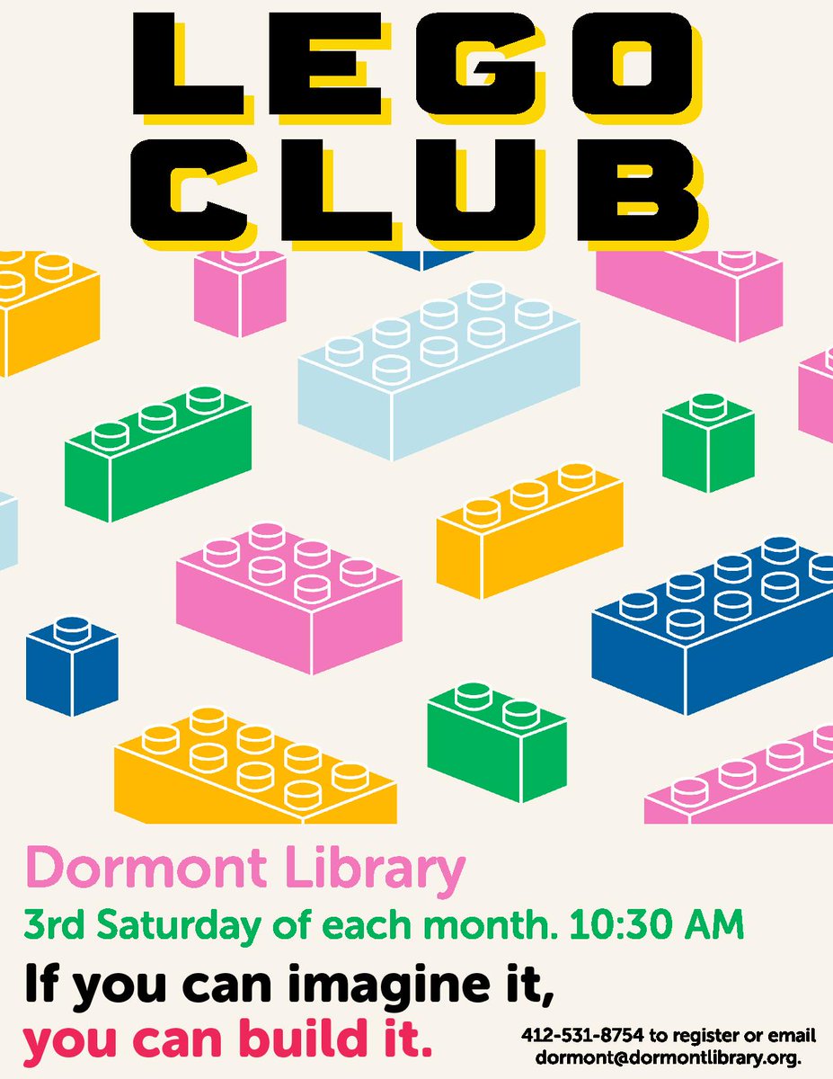 dormontlib's tweet photo. If you build it, they will come. And by "they," we mean you!

Join us the 3rd Saturday of each month at 10:30AM for our #LEGO Club reboot! All ages welcome, please sign up at 412.531.8754 or dormont@dormontlibrary.org.

We look forward to seeing you again! https://t.co/aDCiJ6sOfg
