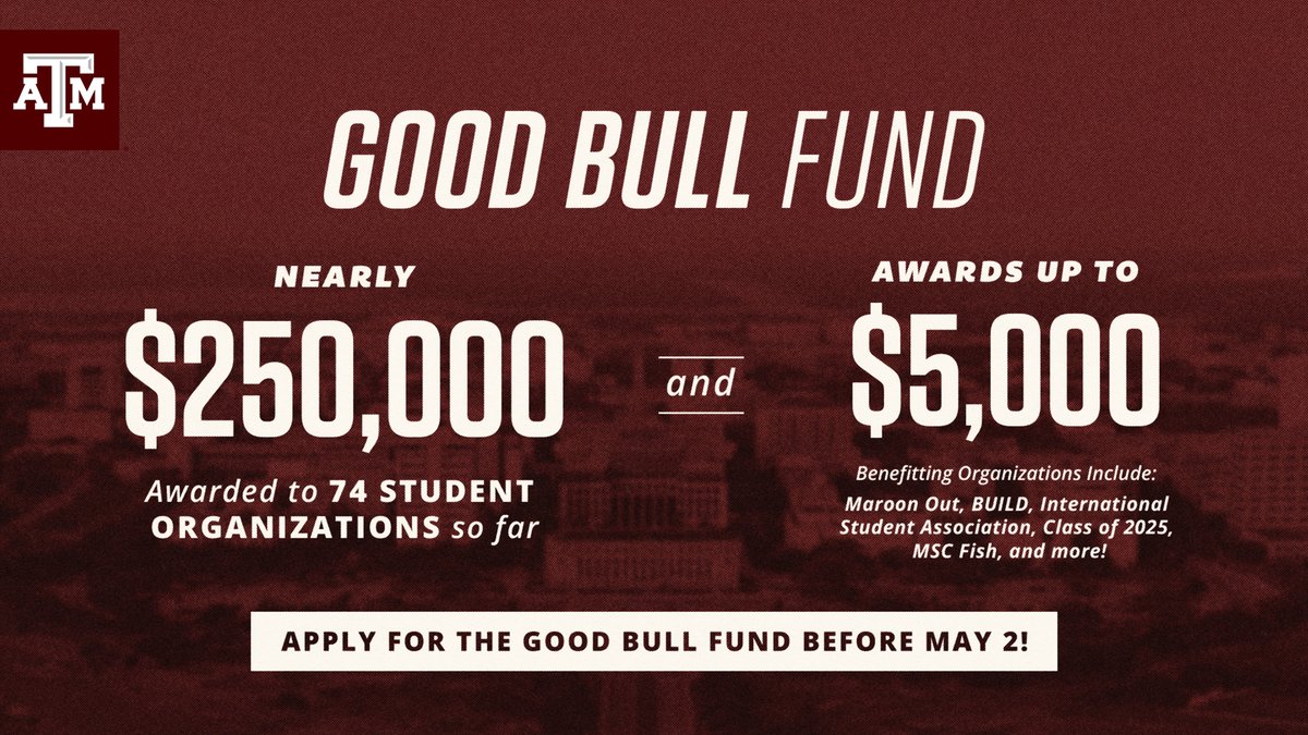 Texas A&M University (@tamu) on Twitter photo In its first semester, the Good Bull Fund awarded nearly $250,000 to 74 student orgs! 👍
The fund was established in 2022 to assist student-led activities that benefit the campus and community. <a href="/tamustuact/">TAMU Student Activities 👍</a> In its first semester, the Good Bull Fund awarded nearly $250,000 to 74 student orgs! 👍
The fund was established in 2022 to assist student-led activities that benefit the campus and community. <a href="/tamustuact/">TAMU Student Activities 👍</a>