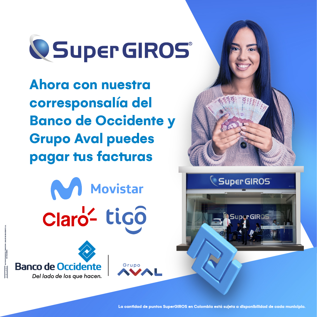 SuperGIROSCauca's tweet photo. #Corresponsales Banco de Occidente 💙

Ahorra tiempo en largas filas y paga tus facturas de #Movistar #Claro #Tigo en nuestros puntos 📍 #SuperGIROS 🤩

👉 Recuerda que nuestros puntos están habilitados de Lunes a Domingo en horarios flexibles.

#TodoXNuestraGente https://t.co/ntenmqj4kO