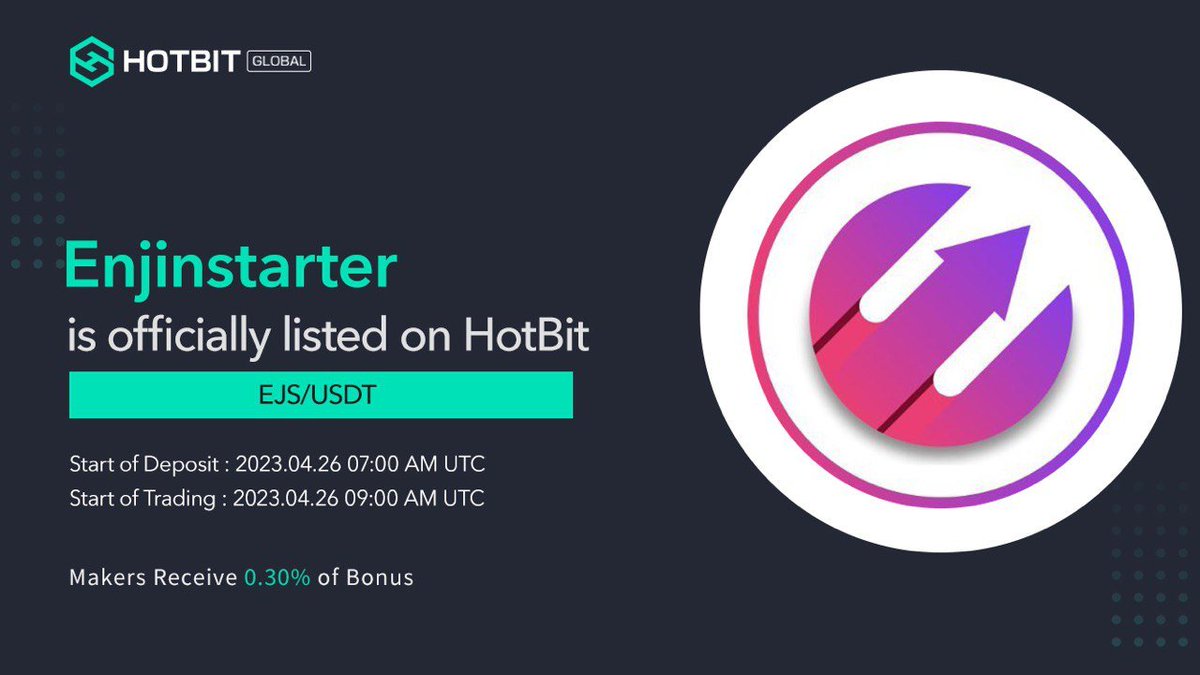 HotbitRussia's tweet photo. 📢2023 #newlistings на https://t.co/mUPlRwu6NB
$EJS @enjinstarter
 будут перечислены на #Hotbit

Теперь пользователи могут вносить EJS (https://t.co/Pb4u9WGtfL) в рамках подготовки к торговле.

Торговая пара $EJS/USDT будет открыта в 09:00 (UTC)  

Добро пожаловать в торговлю! https://t.co/7yuZg4EsZL