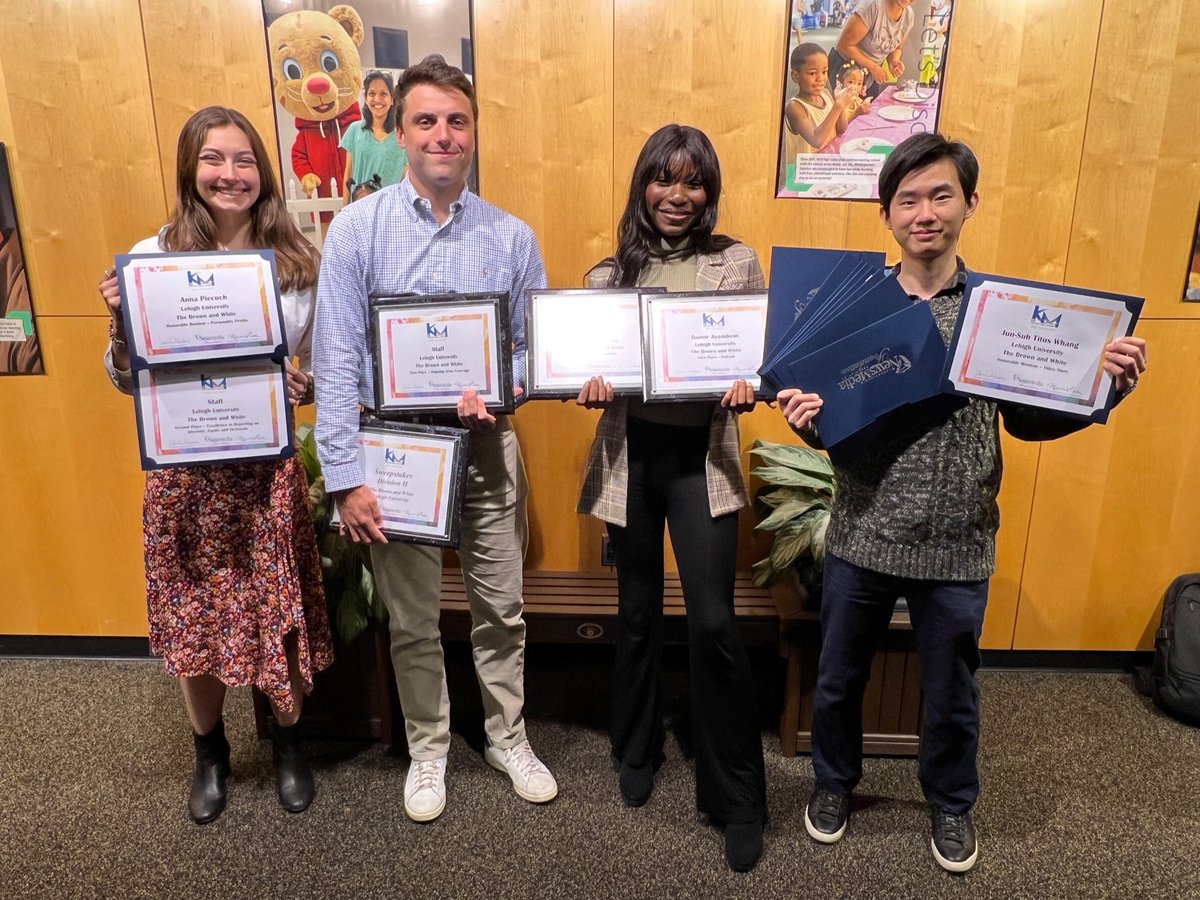 MattVeto's tweet photo. Today at the @PNAnews Keystone Awards, @LehighU student journalists at the @LUBrownWhite took home 14 individual and staff awards and the Sweepstakes Award for our division — sort of a best in state! Thank you @WITF for the tour and hospitality, and congrats to all in attendance! https://t.co/bk8AApvGRx