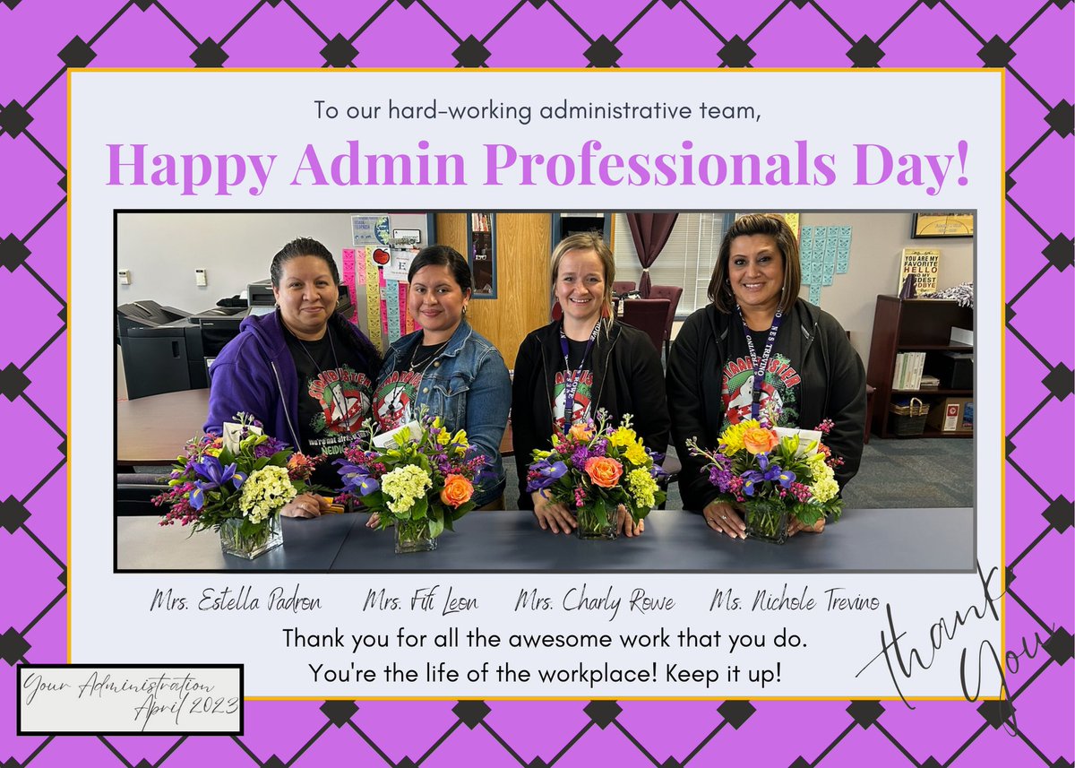 ELGINISD_NEIDIG's tweet photo. We are so grateful for our Administrative Assistants! They're “simply the best! Better than all the rest!!!” Thank you for being absolutely amazing! Hope you enjoyed your lunch and flowers today!
#NESFinishStrong #NESWildcats #NESAdminProfessionalsDay2023 @ElginTxISD https://t.co/HFOF3WzyVd