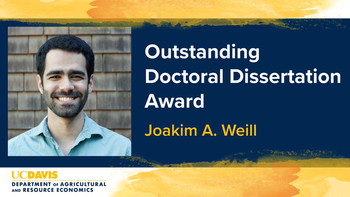 UCDavisARE's tweet photo. Congratulations to Joakim A. Weill (@JoakimWeill) winner of @AAEA_Economics 2023 Outstanding Doctoral Dissertation Award for “Environmental Inequalities and Social Protection: Essays in Environmental and Public Economics.” Co-Chairs: @Mike_Springborn and Katrina Jessoe https://t.co/iqIMdVdTnK
