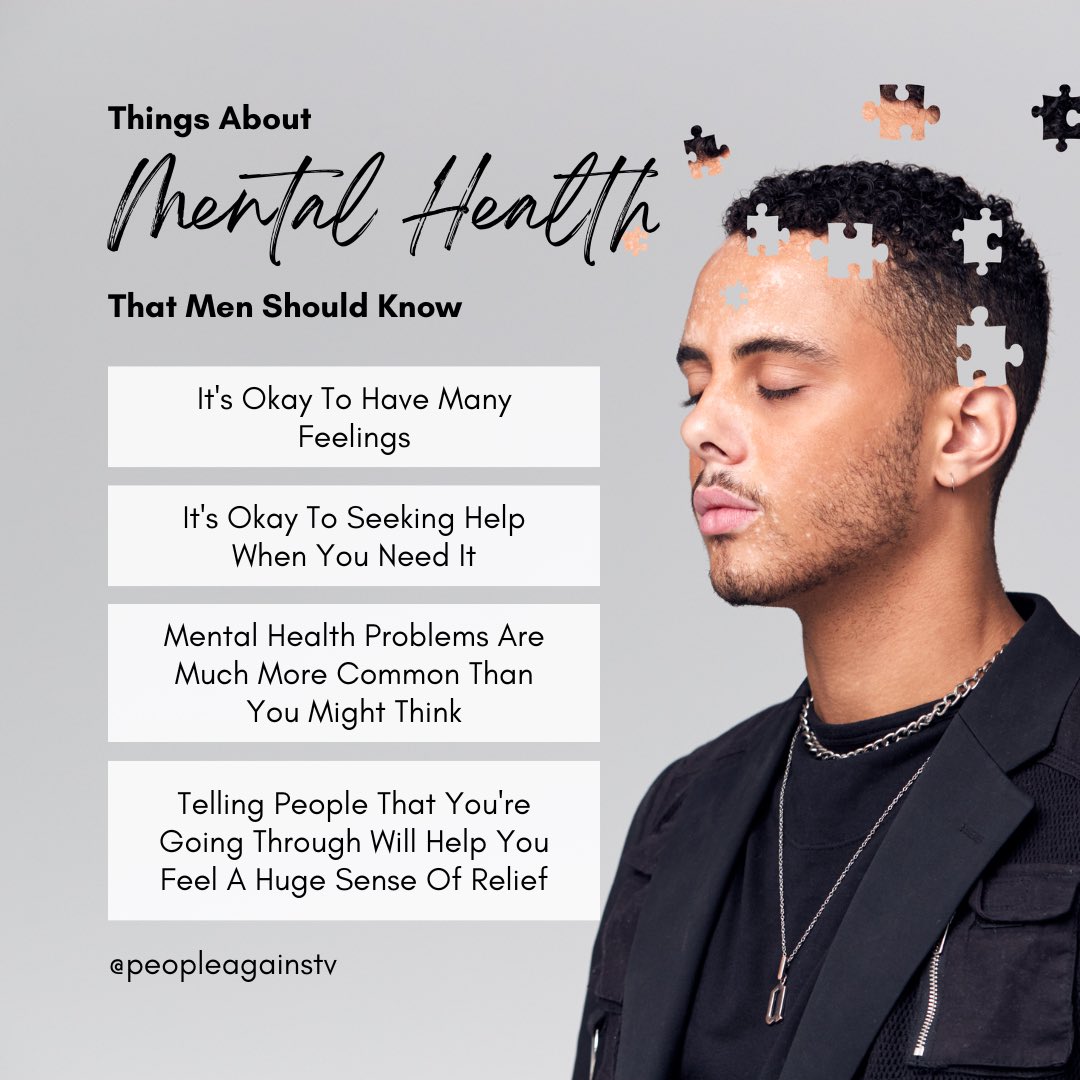 PeopleAgainstV's tweet photo. Men's mental health matters. Unfortunately, there are still many harmful stereotypes and misconceptions that prevent men from seeking help when they need it. Here are some things that all men should know about mental health ❤️

#mentalhealthformen #mentalhealthawareness https://t.co/95WDcUB5DN