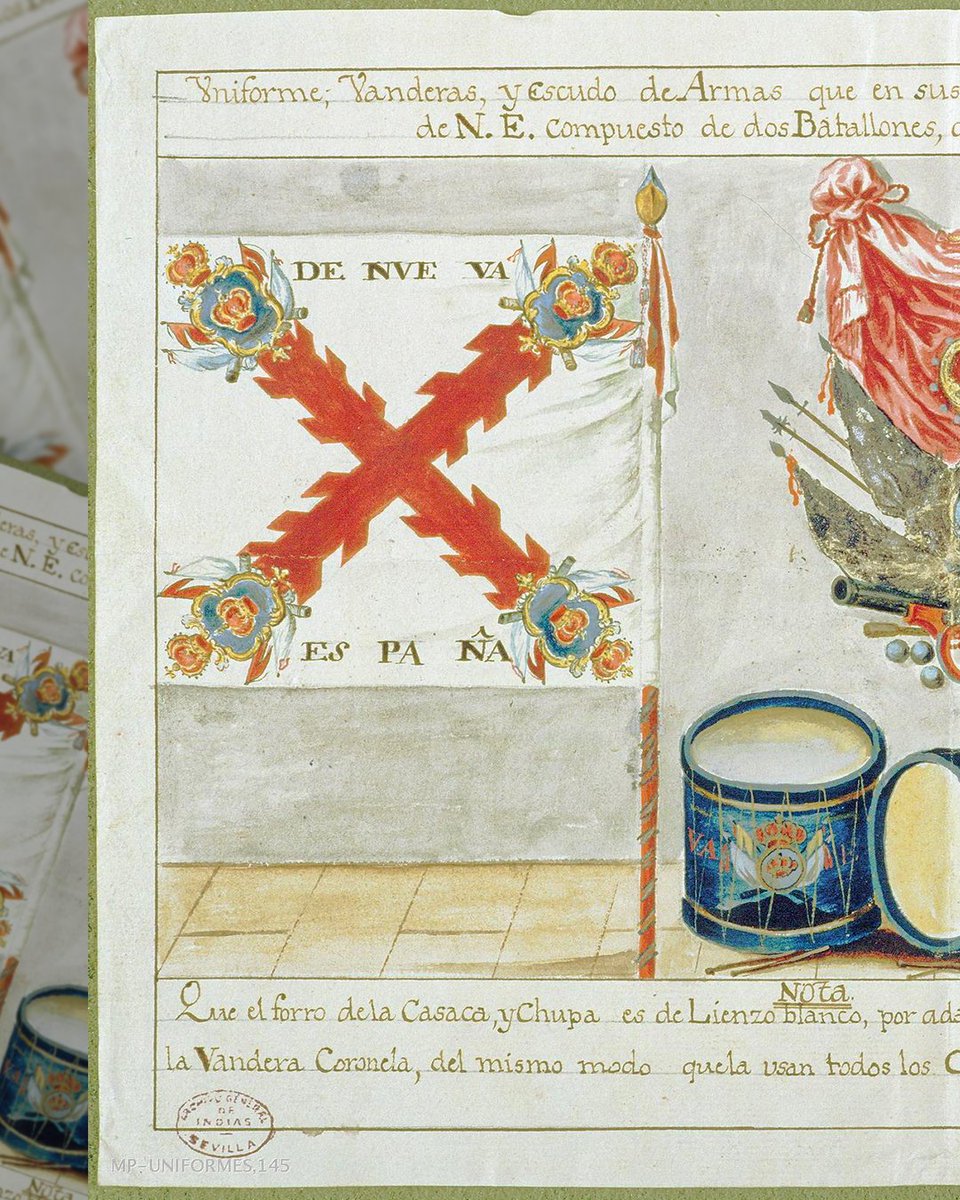 CrisantoBello's tweet photo. En mis archivos encontré esa imagen que muestra el uniforme, banderas y escudo de Armas que en sus fornituras y Cajas de Guerra usaba el Regimiento de la Corona de Nueva España para el año 1769. https://t.co/YPJsfoSKg5