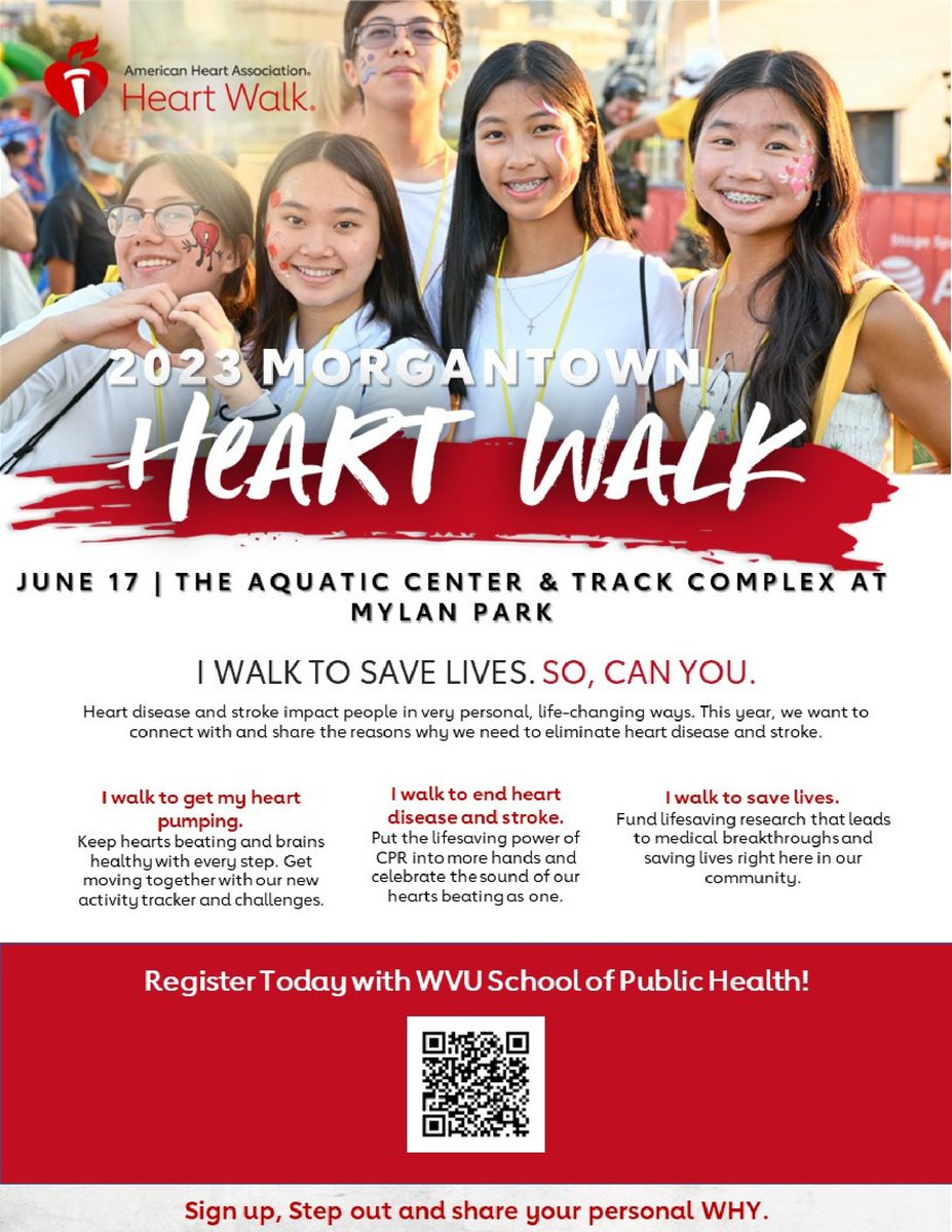 ❤️ Join the Public Health Mountaineers team in the 2023 Greater Morgantown Heart Walk on Saturday, June 17th at the Aquatic Center and Track Complex at Mylan Park! Registration is at 9:30am and the walk will begin at 10am. Join and/or donate to the team: www2.heart.org/site/TR/HeartW…